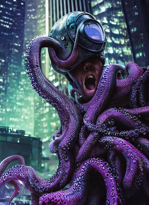 Image similar to hyperrealism, detailed textures, photorealistic 3 d cyberpunk octopus in apocalyptic city, futuristic clothing and helmet, neon colors, ultra realistic, cinematic, intricate, low light, unreal engine 8 k