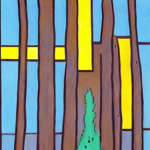 Prompt: a painting of trees with a yellow background, an art deco painting by mondrian, featured on pixiv, synthetism, fauvism, creative commons attribution, academic art