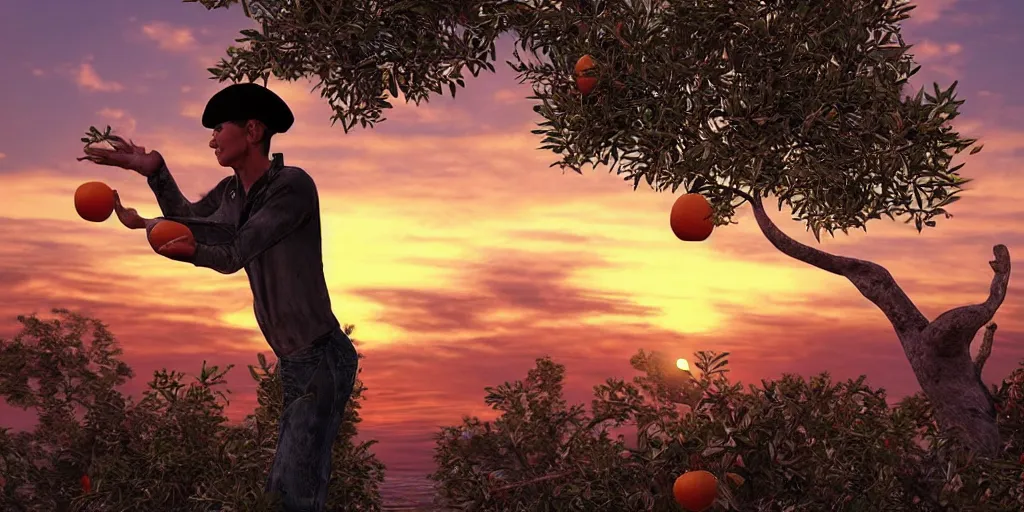 Prompt: “ a pirate picking oranges off of a tree at sunset, ultra realistic ”