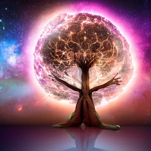 Image similar to a human man standing next to a cosmic tree, a sense of awe, amazement, monogon, plasma display, damascus, morph, in a symbolic and meaningful style