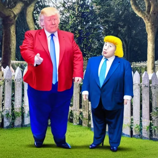 Prompt: Boris Johnson and Donald Trump as short tweedle dee and tweedle dum in an enchanted world Alice in wonderland