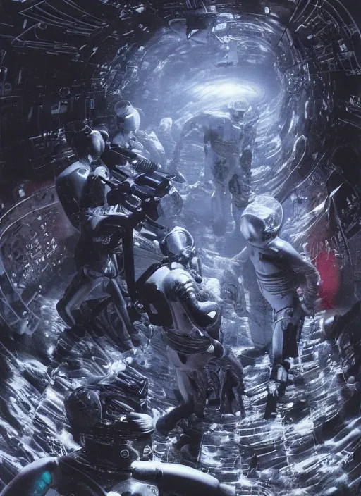 Image similar to astronauts in dark void underwater - complex and hyperdetailed technical suit. reflection and dispersion materials. rays and dispersion of light. volumetric light. f / 3 2. noise film photo. flash photography. ultra realistic, wide angle. poster by wayne barlowe, hajime sorayama aaron horkey, craig mullins