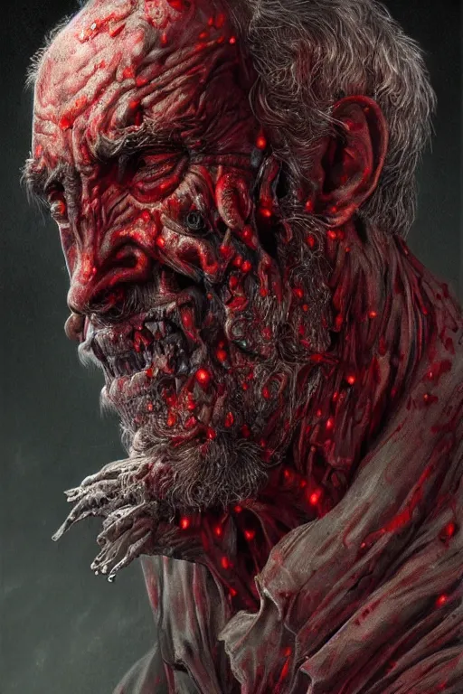 Prompt: realistic portrait of beautifully crystalized and detailed portrait of a zombie old man, matte painting of cinematic movie scene red dragon, horror, created by gustave dore and greg rutkowski, high detailed, smooth draw, synthwave neon retro, intricate, realistic proportions, dramatic lighting, trending on artstation.