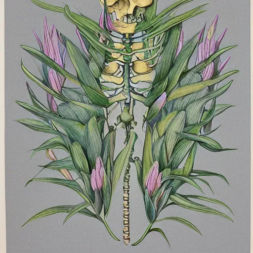 Image similar to the finest lithographic botanical illustration of a floral skeleton, pastel palette, by Elizabeth Twinning