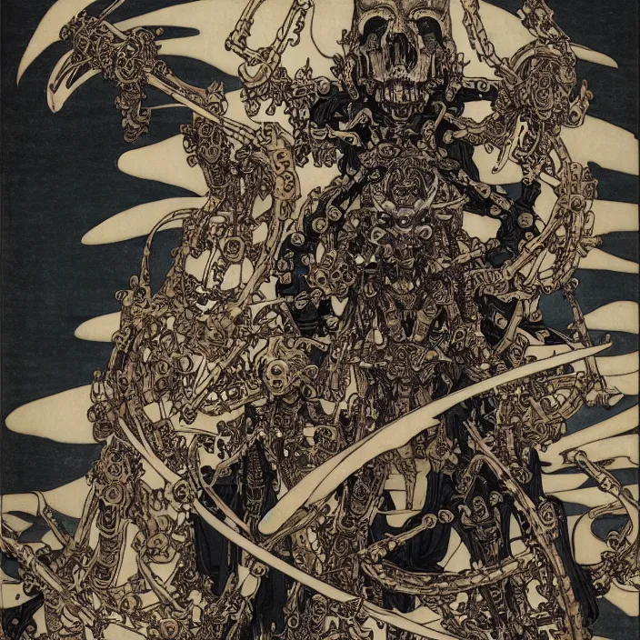 Image similar to still frame from Prometheus by Utagawa Kuniyoshi, lich king Dr doom in ornate bio cybernetic bone armour and skull mask in hells organic bioship by Wayne Barlowe by peter Mohrbacher by Giger, dressed by Alexander McQueen and by Neri Oxman, metal couture hate couture editorial