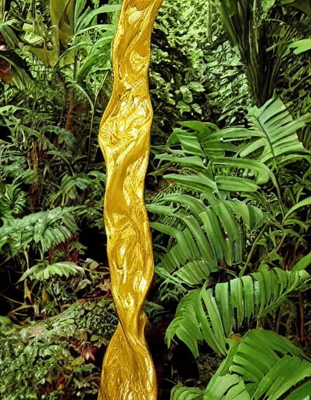 Prompt: vintage color photo of a massive 1 1 0 million years old abstract liquid gold sculpture shinning and covered by the jungle vines