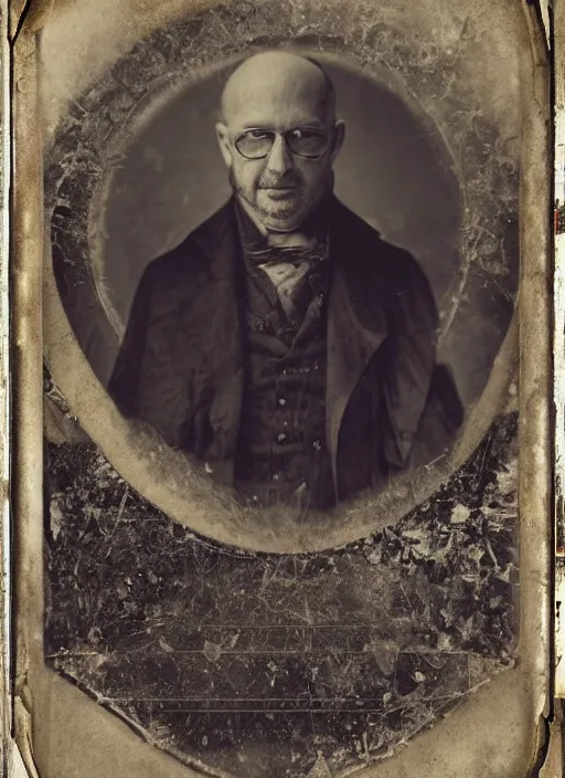 Image similar to old wetplate daguerreotype archetype portrait of a architect, explosion of data fragments, fractal, intricate, elegant, highly detailed, parallax, leica, medium format, subsurface scattering, by jheronimus bosch and greg rutkowski and louis jacques mande daguerre