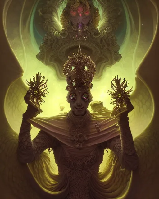 Image similar to front shot of a court jester character, hyperdimensional, bioluminescent ethereal hypercubes, ((intricate)), elegant, highly detailed, centered, (((artstation, concept art, smooth, sharp focus, artgerm, Tomasz Alen Kopera, Peter Mohrbacher, donato giancola, Joseph Christian Leyendecker, WLOP, Boris Vallejo))), mugshot!!!!!, ugly!!!!!!, octane render, nvidia raytracing demo, grainy, muted