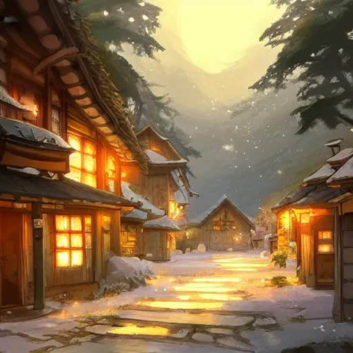 Prompt: concept art painting of a cozy village at night in a mountainous forested valley, historic european and japanese architecture, realistic, detailed, cel shaded, in the style of makoto shinkai and greg rutkowski and james gurney