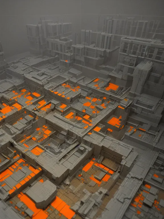 Image similar to mega detailed miniature voxel diorama abandoned research facility, brutalism architecture, suburban, hard lights are on in the windows, dark night, fog, winter, blizzard, uncozy and not peaceful atmosphere, row of street lamps with warm orange light, several ruins nearby, 1 9 6 0