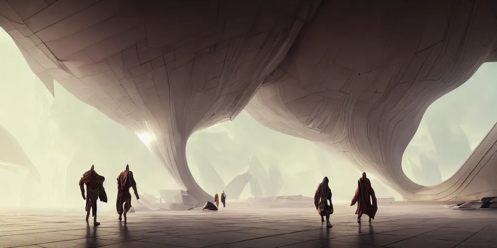 Prompt: the gods meeting at olympus, by tim blandin and arthur haas and bruce pennington and john schoenherr, big windows architecture by zaha hadid, octane render, warm colour scheme, white, cinematic, scenery, cgsociety, modernism, futuristic, trending on artstation, sci - fi, high detail, high quality, close up angle, people walking