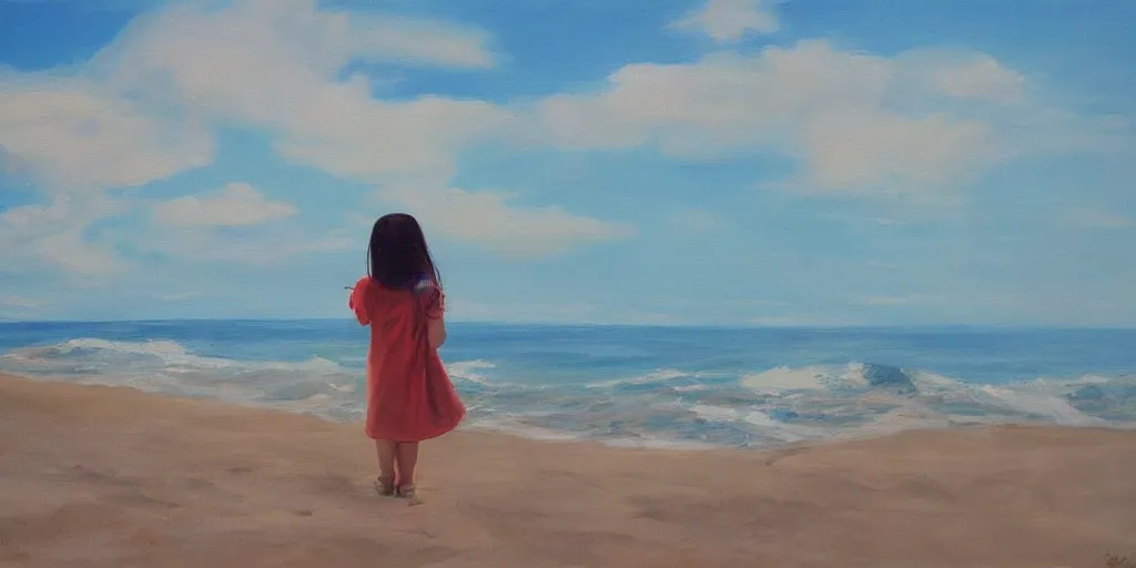 Prompt: girl looking at the ocean waves, superwide angle, zoom out, Leon Bosko painting style