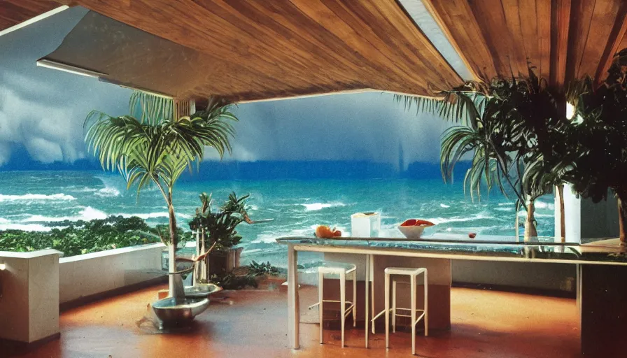 Prompt: A 1985 magazine architecture photo of a kitchen, mediterranean architecture, refracted lines and sparkles, thunderstorm outside, beach and Tropical vegetation on the background major arcana sky and occult symbols, hyperrealistic 8k uhd, award-winning, 1985