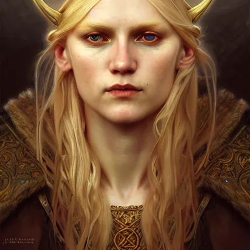 Prompt: portrait of a blond viking girl, surreal, fantasy, intricate, elegant, dramatic lighting, highly detailed, lifelike, photorealistic, digital painting, artstation, concept art, smooth, sharp focus, illustration, art by John Collier and Krenz Cushart and Artem Demura and Alphonse Mucha and Albert Aublet