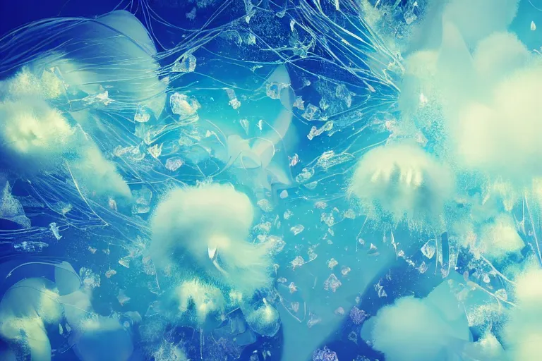 Prompt: simplicity, a flock of many ornate bioluminescent puffy filigreed clouds tangled into large whirling ultra detailed clumps of crystal specimens, abstract environment, playful, award winning art, epic dreamlike fantasy landscape, ultra realistic,