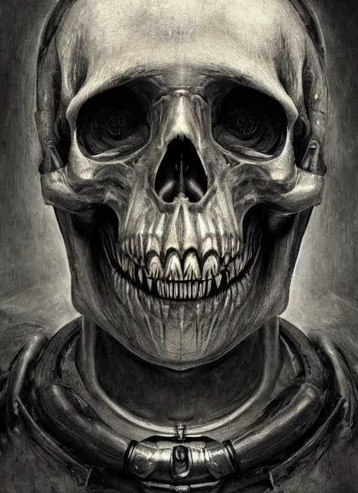 Image similar to portrait of robotic skull, by wayne barlow, stanley donwood, anton semenov, zdzislaw bekinski, hr giger, 8 k, sci fi, dark, highly detailed