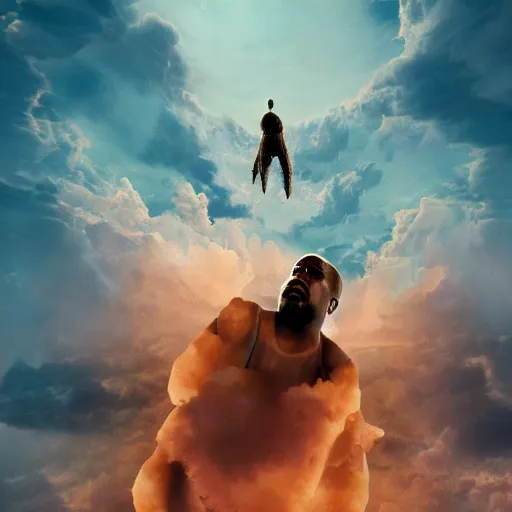 Image similar to kanye west ascending into heaven, holy, digital art, high quality, high resolution