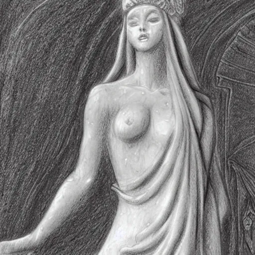 Prompt: 'Haze Goddess the Great Foresight standing over Black Roses laying on the grass as seen by the dream dweller'. quite amazing. super epic. More real than reality. vivid clarity as a lucid dream. simple but elegant drawing. amazing detail and shadowing. masterpiece marble statue.