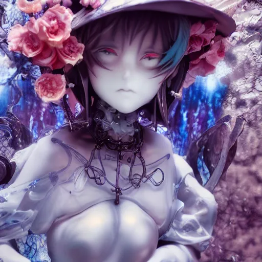 Image similar to by Yoshitaka Amano, by James Jean, by Good Smile Company, detailed resin anime sculpture of a 26yo female jester necromancer wearing a skull hat, close up dslr studio photograph, headshot, portrait, artstation, sci fi futuristic costume, mysterious temple setting, grim lighting