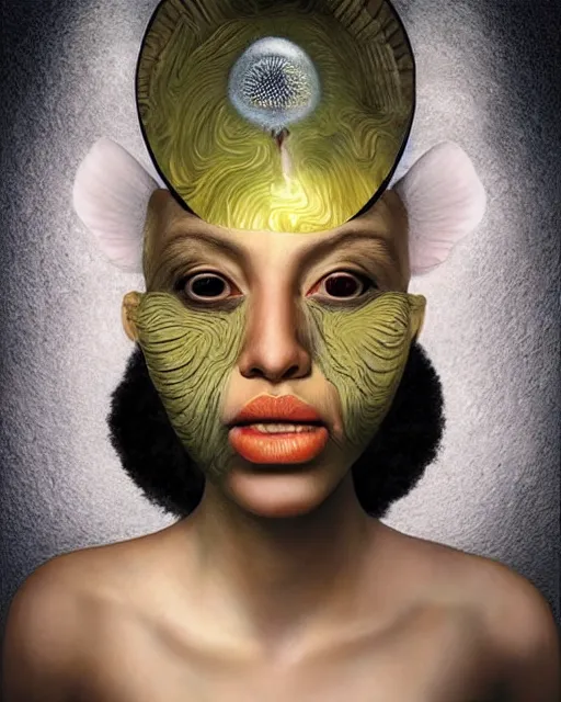 Image similar to cherub themed surrealist portrait art in the styles of igor morski, jim warren, and aida muluneh, intricate, hyperrealistic, accurate facial details, profile picture with chromakey!!!!! background, volumetric lighting