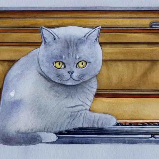 Image similar to grey british shorthair cat sitting on piano keys with musical notes in the background ultra detailed watercolor and color pencil painting 4 k