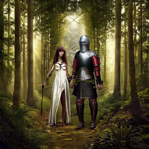 Image similar to female standing in a forest and a male knight standing next to her, 8 k, spotlight, cinematic lighting, global illumination, ambient occlusion, insanely detailed and intricate, hypermaximalist, elegant, ornate, hyper realistic, super detailed, by lee man fong, by pebble tay, by richard dadd, by wlop