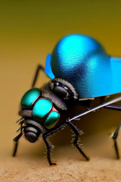 Image similar to high quality macro robot warrior metallic tachinid fly! gorgeous highly detailed hannah yata elson peter cinematic turquoise lighting high quality low angle hd 8k sharp shallow depth of field