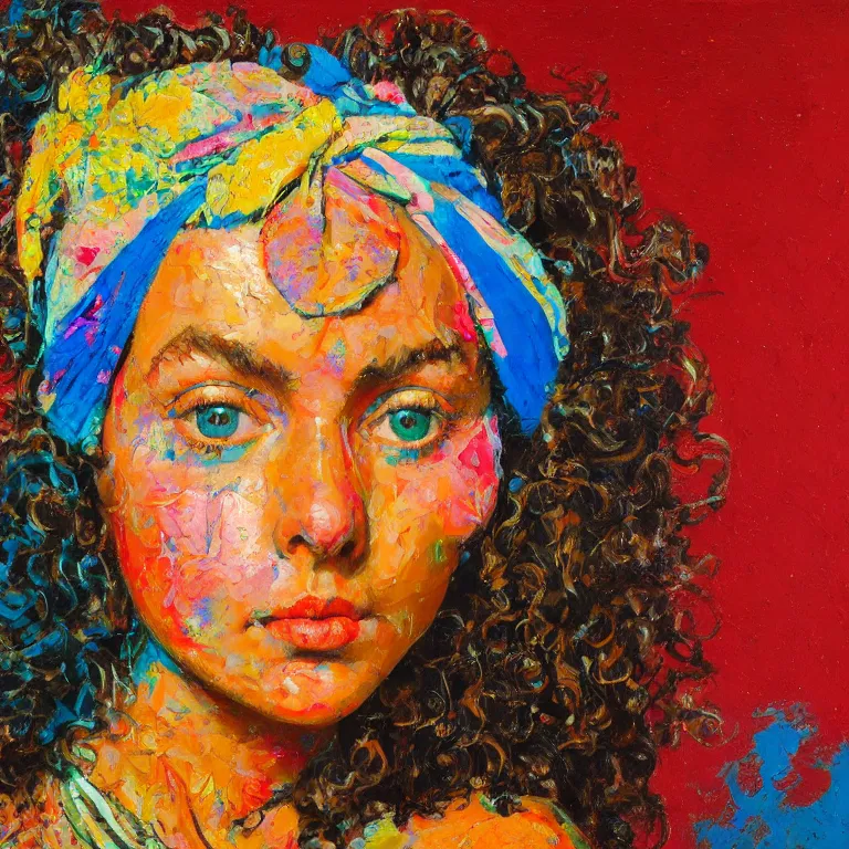 Image similar to close up studio portrait of lovely hippy chick symmetrical face with her hair in a patterned bandana in 1972, impasto heavy brushstrokes oil painting by Norman Rockwell and Tim Hawkinson and Cy Twombly, Intense colors trending on artstation dramatic lighting Expressionism