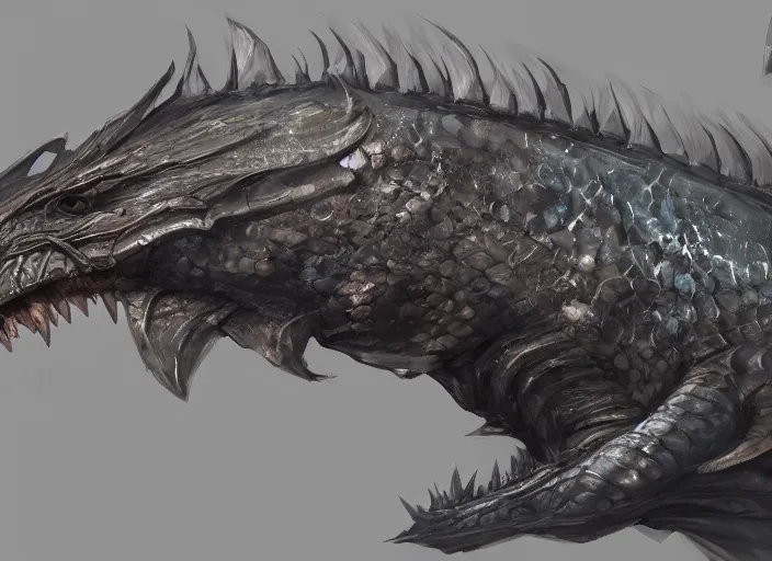 Image similar to detailed concept art of a dragon fish character by richard anderson, artstation, artstationhd, detailed scales, detailed texture, concept sheet