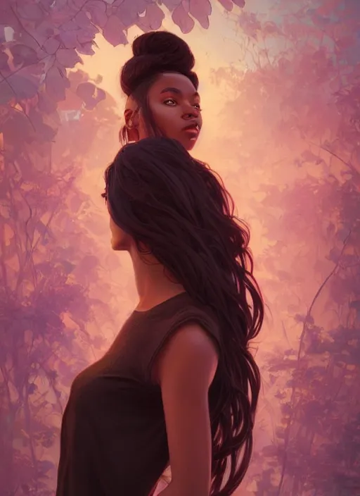 Image similar to handsome young black women with shoulder length brown hair, half body shot, path traced, highly detailed, high quality, digital painting, alena aenami, lilia alvarado, shinji aramaki, karol bak, alphonse mucha, tom bagshaw