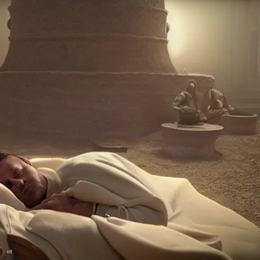 Prompt: a priest sleeping in a large clay pot, foggy, sun rays, cinematic shot, photo still from movie by denis villeneuve, wayne barlowe