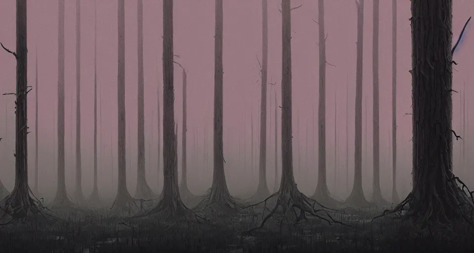 Image similar to A dense and dark enchanted forest with a swamp, by simon stalenhag