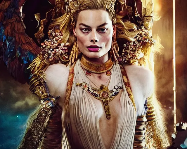 Image similar to Margot robbie as a goddess in heaven, Photography, Cinematic, Portrait, insanely detailed and intricate, hypermaximalist, elegant, ornate, hyper realistic, super detailed