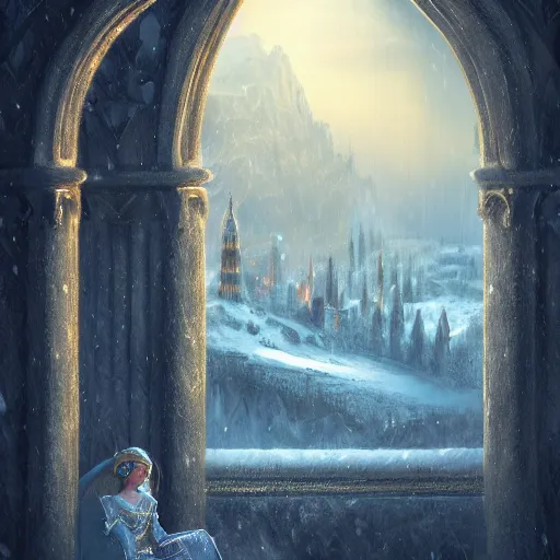 Prompt: elf prince sits on an elaborate golden chair looking out the window of his marble palace onto the desolate landscape of grey mountain peaks and snow below, melancholy atmosphere, romantic era painting, digital art, fantasy concept art, popular on artstation