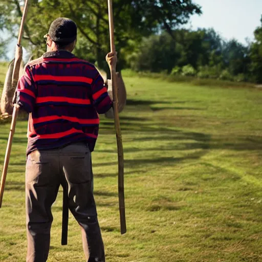 Prompt: a man holding a long stick with a bag attached at the end,