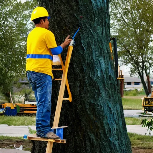 Image similar to construction worker painting a tree blue