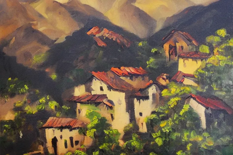 Prompt: beautiful mountain village, oil painting, oil in canvas, brushstrokes
