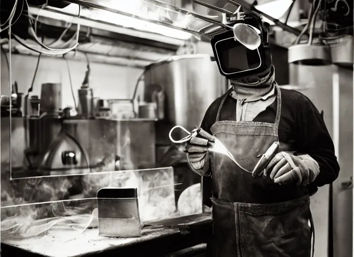 Prompt: welder in welding mask in a cheese shop, by richard avedon, tri - x pan stock