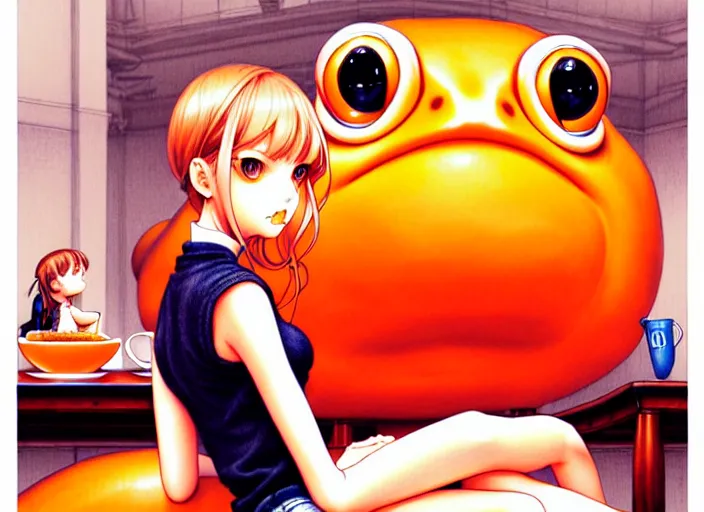 Image similar to a French girl in a café with a giant orange frog. insanely and epically detailed supreme-quality color ink pen artwork, amazingly composed image, illustrated by Range Murata and Artgerm and Stanley Law.