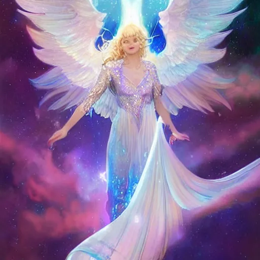 Image similar to harmony of twirly white haired angel yoongi wearing sparkly shiny greek clothes, muted colors, nebula background, neon sparkles everywhere, big wings, dynamic hair movement, + + + + dynamic pose, holographic space, glowing effect, j. c leyendecker, by alan lee, wlop! illustrated by starember, fantasy art by craig mullins