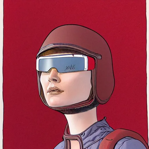 Prompt: woman wearing aviator helmet and googles, drawn by jean giraud and moebius, red tones, detailed drawing, flat colors