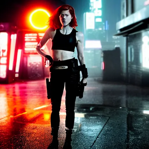 Image similar to rose leslie starring in a cyberpunk movie in a distopic futuristic city in the style of bladerunner, wearing a cropped black tank top, black shorts and black boots, firing a gun, muzzle flash, movie still, highly detailed, rainy night, volumetric lights, dramatic, scifi, sharp focus