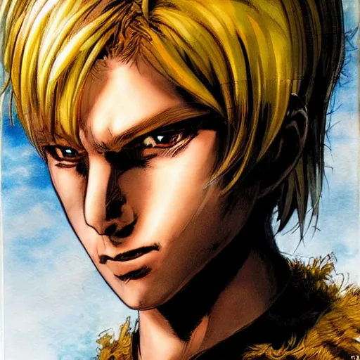 Image similar to an epic fantasy comic book style portrait painting of a young blonde boy thief in the style of yoshitaka amano