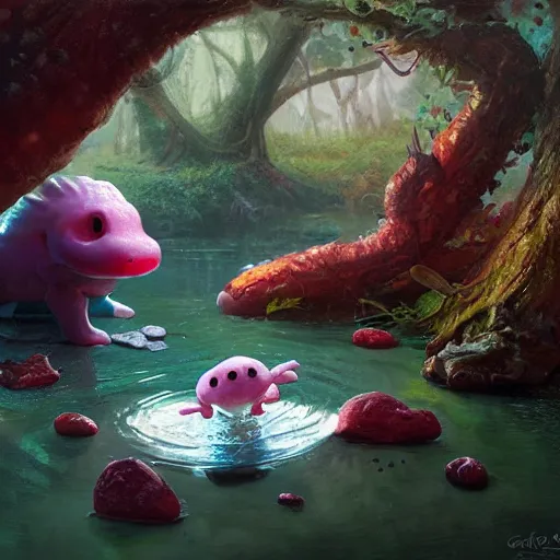 Prompt: Cute marshmallow axolotl crawling from a cacao swamp, salamander, candy world, oil painting, by Greg Rutkowski