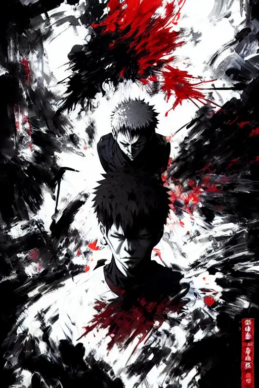 Image similar to gojo satoru from jujutsu kaisen, anime style painting, collaborative artwork of greg ruthowski, yoji shinkawa, ruan jia, exquisitely high quality and detailed