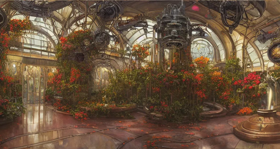 Prompt: a minimalist oil painting by donato giancola, warm coloured, cinematic scifi luxurious futuristic foggy steam filled victorian garden circular courtyard with bulbous stained glass flowers growing out of pretty bulbous ceramic fountains, gigantic pillars and flowers, maschinen krieger, beeple, star trek, star wars, ilm, star citizen, mass effect, artstation, atmospheric perspective