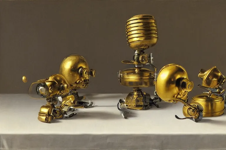 Image similar to still life painting of old vintage robot heads by pieter claesz, oil on canvas, strong lighting, highly detailed, hyper realism, golden hour, god rays, hd, 4 k