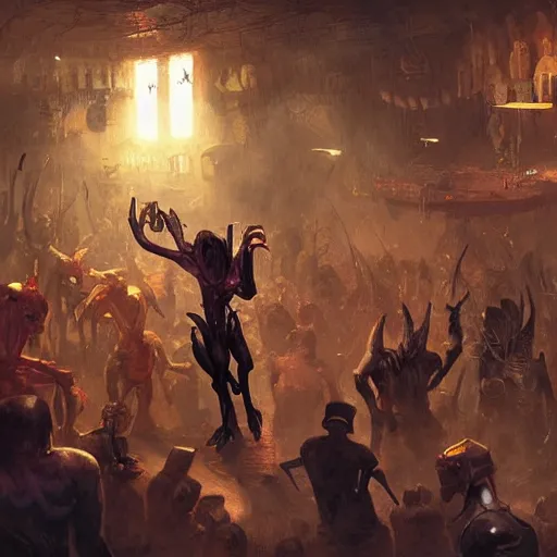 Image similar to An insectoid alien walks into a crowded, rowdy pirate tavern, fantasy art by Greg Rutkowski