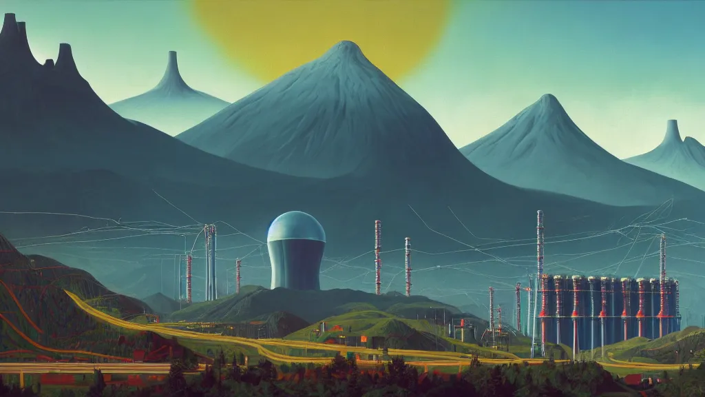 Prompt: Nuclear Reactors integrated with the nature, mountains and city of Quito; by Simon Stålenhag, oil on canvas; Art Direction by James Cameron; 4K, 8K; Ultra-Realistic Depth Shading