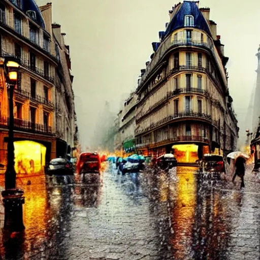 Prompt: pouring monsoon rain in the street of Paris, detailed, photo realistic, fantasy